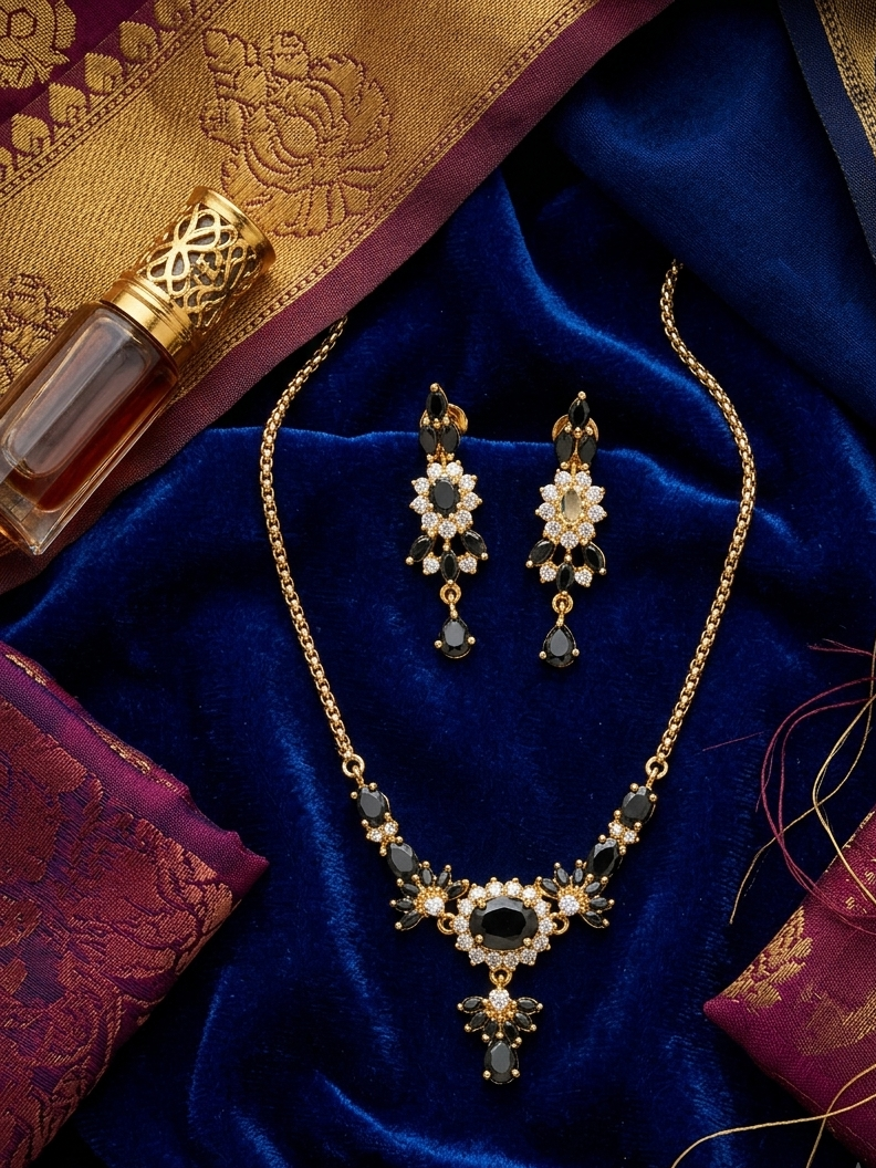 Elegant Black Stone & Gold-Toned Necklace Set