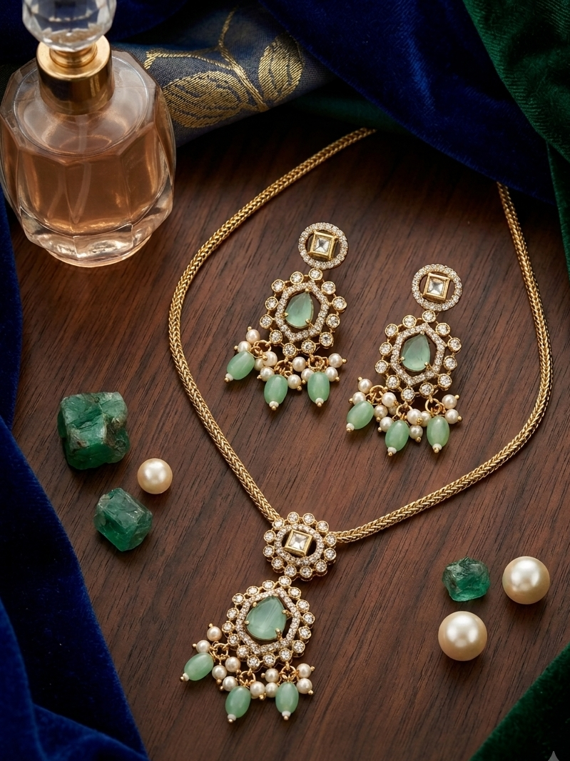 Victorian-Style Mint Green Stone & Pearl Necklace Set