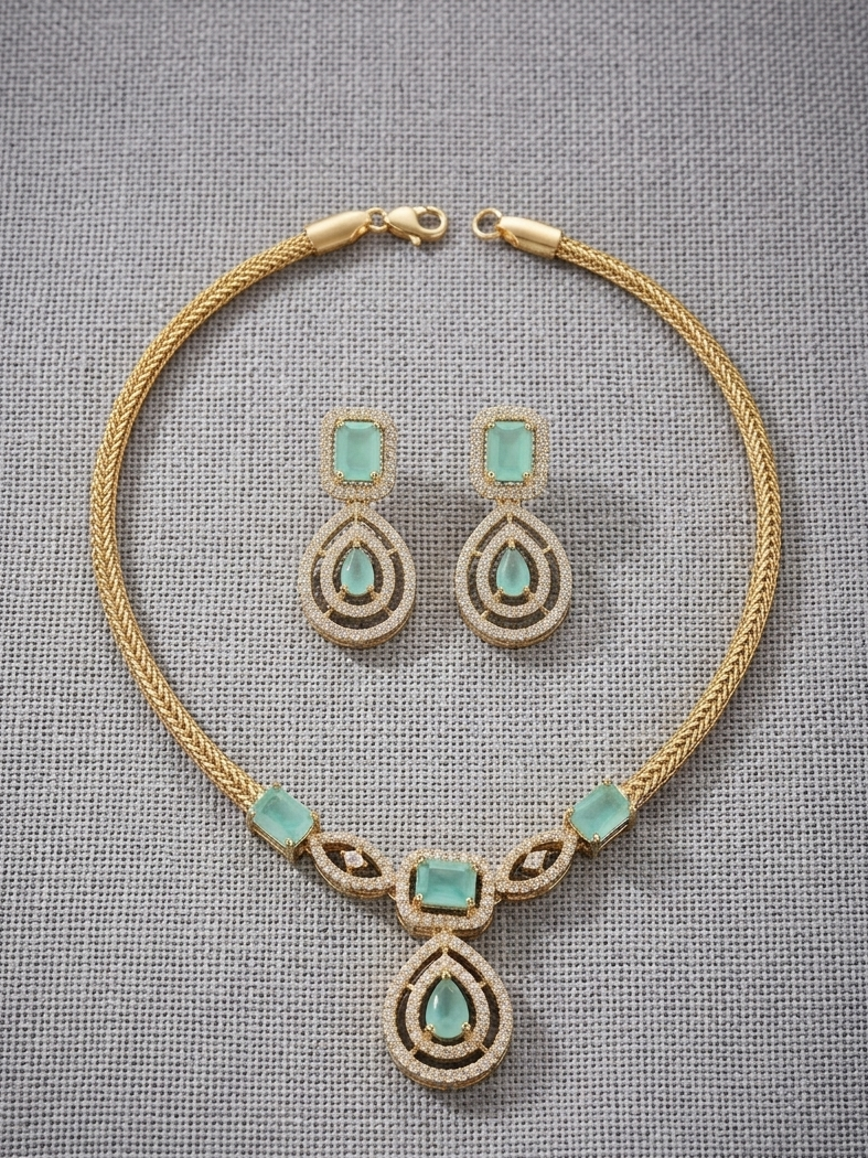 Elegant Mint Green Stone & CZ Necklace Set