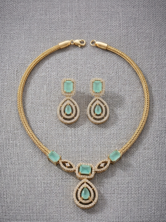 Elegant Mint Green Stone & CZ Necklace Set